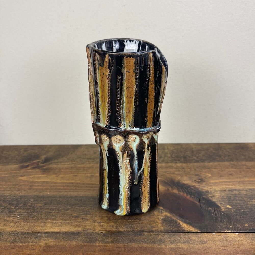 Japanese STYLE Swirl Ceramic 8" Vase Mingei Style Pottery Signed Tim Dunna? MCM